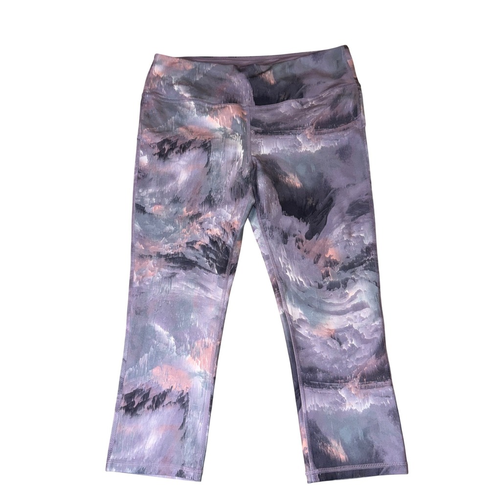 Marika Sport Cropped Leggings Large Purple Abstract Print High Rise Capris 12 14